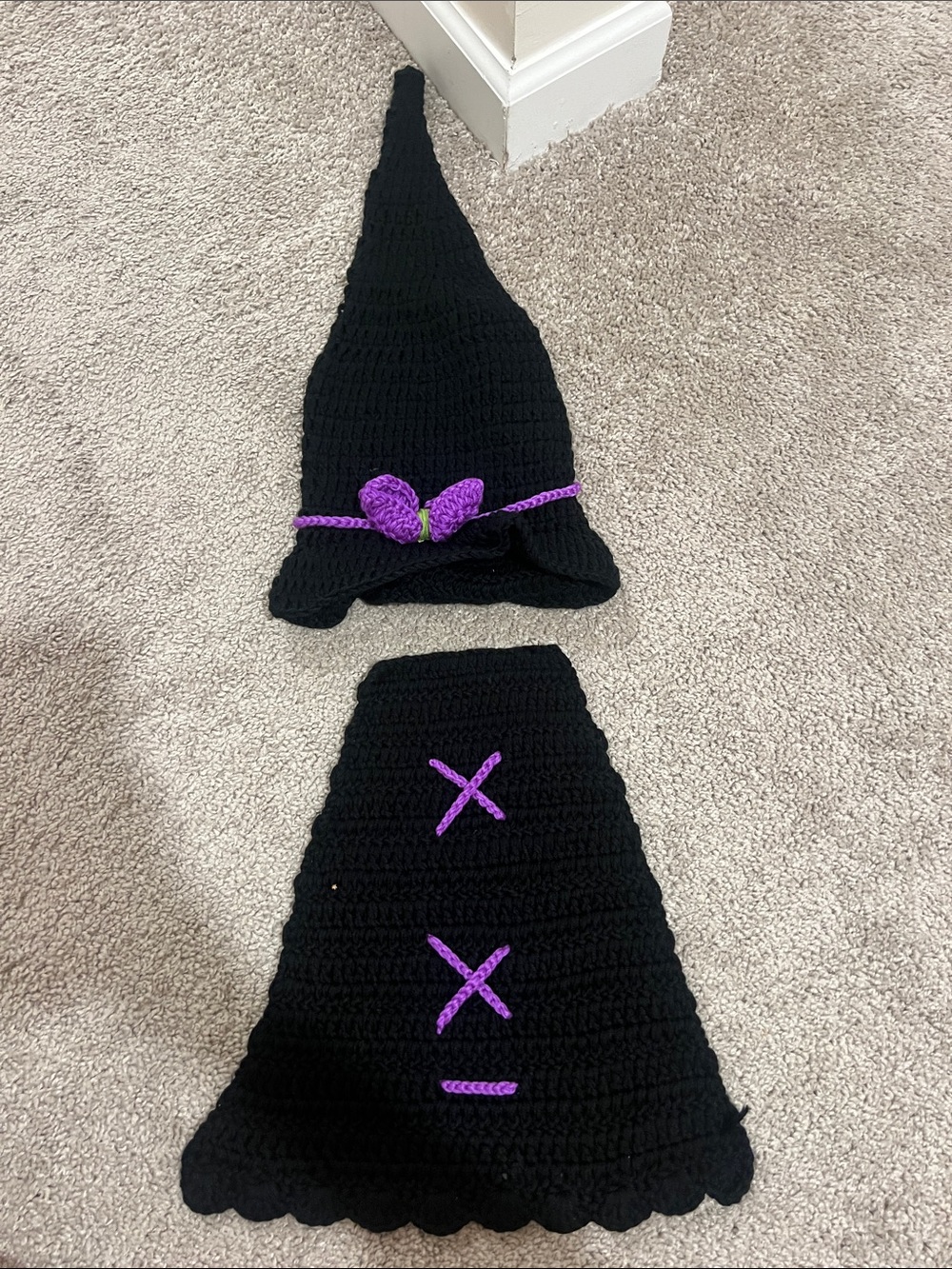 Handmade Black Crochet Witch Hat & Skirt Set with Purple Accents